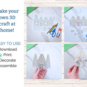 May include: A step-by-step guide for a 3D craft project. The image shows the process of creating a paper house, including printed templates, scissors, glue, and the final assembled model. Text reads: "Make your own 3D craft at home!" and "EASY TO USE: Download, Print, Decorate, Assemble."