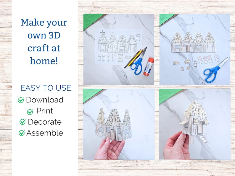 May include: A step-by-step guide for a 3D craft project. The image shows the process of creating a paper house, including printed templates, scissors, glue, and the final assembled model. Text reads: "Make your own 3D craft at home!" and "EASY TO USE: Download, Print, Decorate, Assemble."