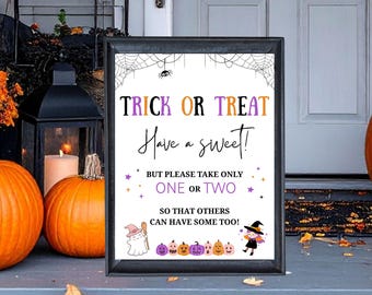 Letrero de truco o trato, Letrero imprimible de dulces de Halloween, Letrero para llevar un dulce, Letrero de tazón de dulces, Sírvete tú mismo, Letrero para el porche, Letrero para la puerta principal