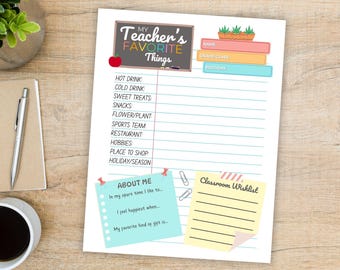 Teacher Favorites Printable Questionnaire, Teacher Appreciation, Back to School, All About My Teacher Survey, Gift Ideas, Favorite Things