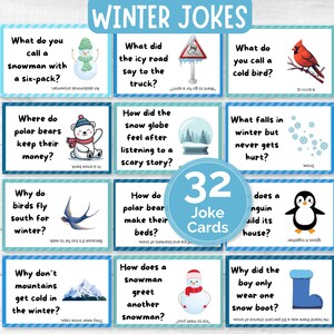 Printable Winter Jokes, Kids Lunchbox Jokes, Lunch Box Notes, Winter Themed Joke Cards, Funny Jokes for Kids, Daily Lunch Box Cards