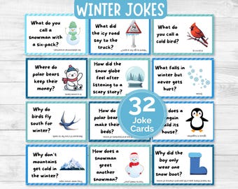 Printable Winter Jokes, Kids Lunchbox Jokes, Lunch Box Notes, Winter Themed Joke Cards, Funny Jokes for Kids, Daily Lunch Box Cards