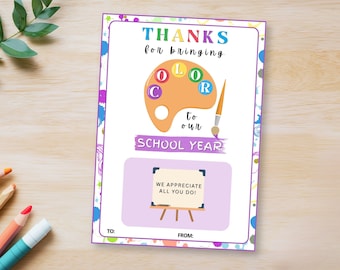 Art Teacher Gift Card Holder, Art Teacher Thank You Card, Art Instructor Printable Card, Art Docent Gift Ideas, Staff Appreciation