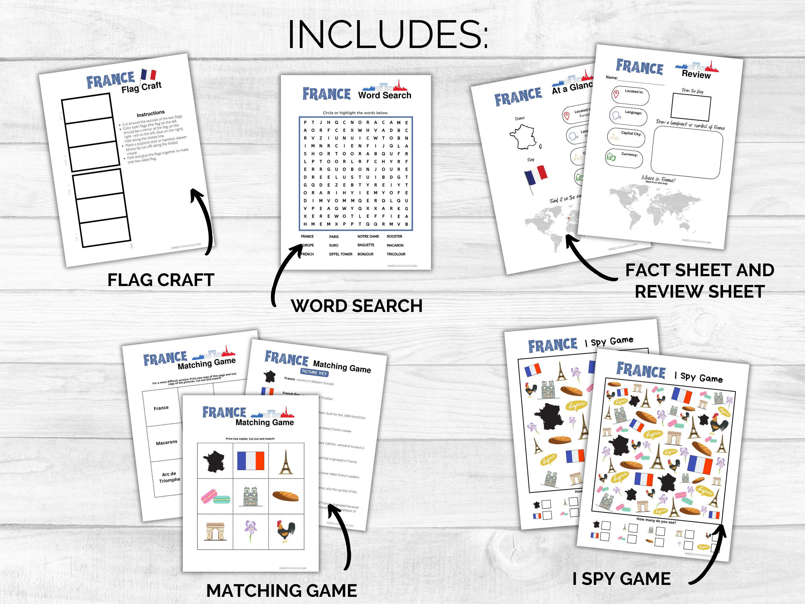 France Activity Printables for Kids- France I Spy Game, France Matching ...