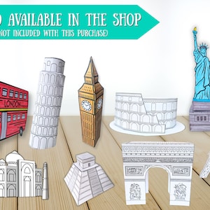 May include: A collection of paper models of famous landmarks, including a red double-decker bus, the Leaning Tower of Pisa, Big Ben, the Colosseum, the Statue of Liberty, the Eiffel Tower, the Taj Mahal, a pyramid, and the Arc de Triomphe.