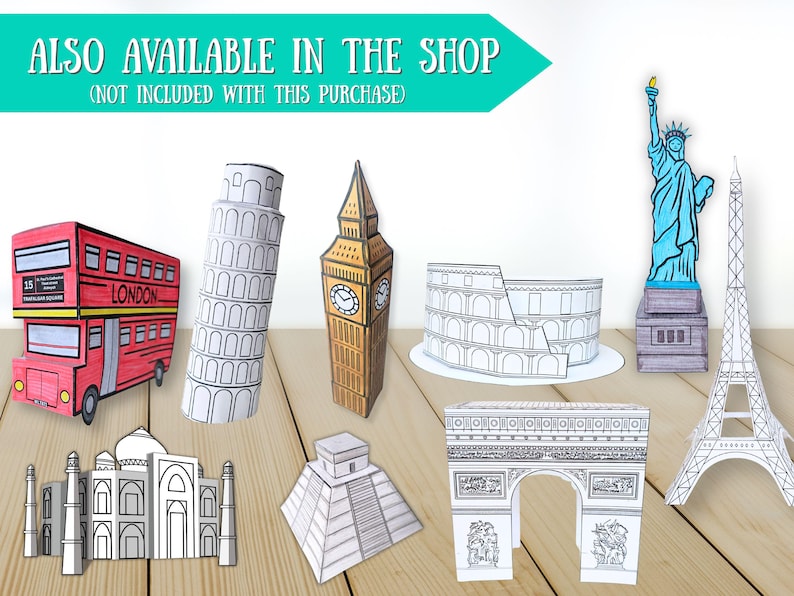 May include: A collection of paper models of famous landmarks, including a red double-decker bus, the Leaning Tower of Pisa, Big Ben, the Colosseum, the Statue of Liberty, the Eiffel Tower, the Taj Mahal, a pyramid, and the Arc de Triomphe.