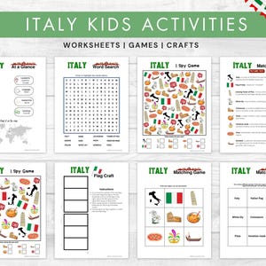 Puede incluir: Un conjunto de hojas de actividades imprimibles para niños con temática italiana. Las hojas de trabajo incluyen juegos, manualidades y actividades educativas. La pancarta superior dice "ITALY KIDS ACTIVITIES". Las hojas de trabajo presentan la bandera italiana y monumentos.