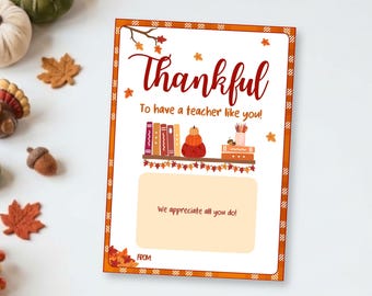 Thanksgiving Teacher Appreciation Gift Card Holder, Printable Teacher Gift, Thank You Card for Teacher, Thankful for You, Preschool Daycare