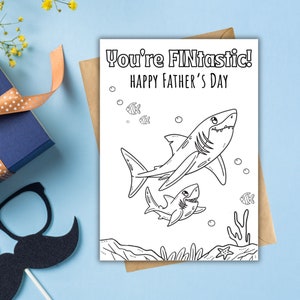 Tarjeta del Día del Padre para niños - Tarjeta para colorear imprimible para niños para papá - Colorea tu propia tarjeta del Día del Padre - Tarjeta del Día del Padre con tiburón para niños