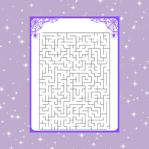 May include: A black and white maze with a spider at each corner. The maze is set within a purple frame with a spider web design.