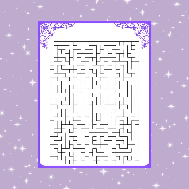 May include: A black and white maze with a spider at each corner. The maze is set within a purple frame with a spider web design.