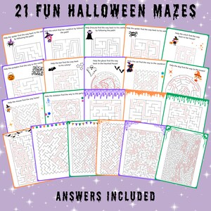 May include: A set of 21 printable Halloween maze activity sheets for kids. Each maze features a different Halloween character or theme, such as a witch, a ghost, a spider, a cat, a dog, a pumpkin, a bat, a skeleton, and a mouse. The mazes are designed to be fun and challenging for children of all ages. The text on the page reads "21 Fun Halloween Mazes" and "Answers Included".
