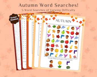 May include: Five printable word search puzzles with an autumn theme. The puzzles feature words like "autumn", "leaves", and "pumpkin".