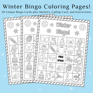 Páginas para colorear de bingo de invierno, 30 cartas de juego de bingo únicas para colorear, descarga imprimible