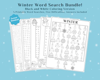 Winter Word Search Bundle, Black & White Printable Download, Winter Coloring Word Searches for All Ages / Learning Levels