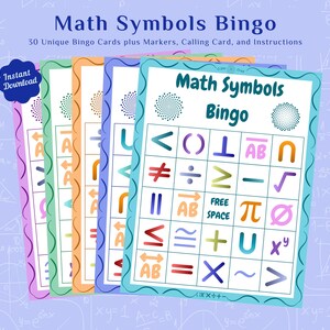 May include: Five colourful bingo cards featuring various mathematical symbols. The symbols include less than, greater than, parentheses, equals, not equals, pi, square root, and more. The cards are ready to be played with markers.