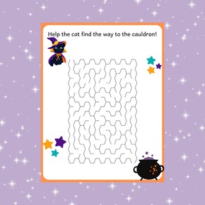 May include: A black cat wearing a witch's hat and cape is trying to find its way through a hexagonal maze to a cauldron filled with purple liquid. The text "Help the cat find the way to the cauldron!" is at the top of the page.