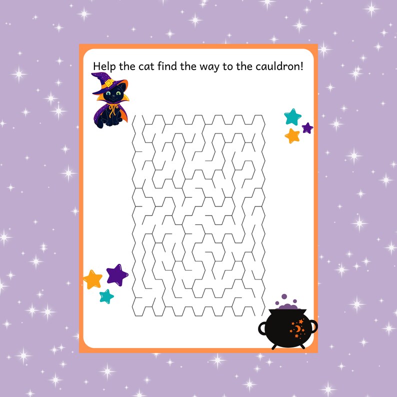 May include: A black cat wearing a witch's hat and cape is trying to find its way through a hexagonal maze to a cauldron filled with purple liquid. The text "Help the cat find the way to the cauldron!" is at the top of the page.