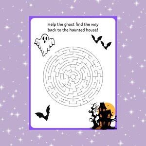 May include: A black and white printable Halloween maze activity for kids. Help the ghost find the way back to the haunted house!