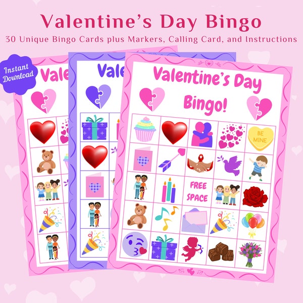 Valentine's Day Bingo Game, 30 Printable Cards, Valentines Day Game for Family, School, and Parties, PDF Printable Download