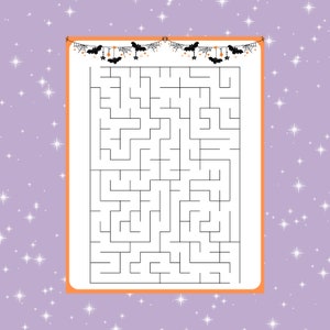 May include: A black and white Halloween maze with a spooky bat garland at the top. The maze has a start and finish point.