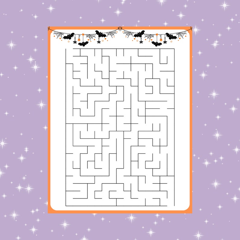 May include: A black and white Halloween maze with a spooky bat garland at the top. The maze has a start and finish point.