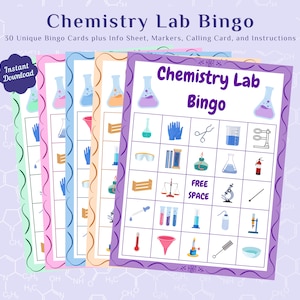 Cartones de bingo de laboratorio de química, juego de bingo de ciencias educativas, hoja de información incluida, 30 cartones de bingo imprimibles para la escuela y el hogar