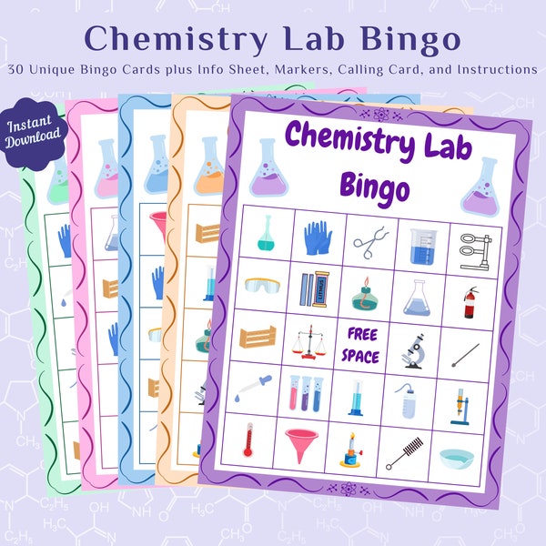 Chemistry Lab Bingo Cards, Educational Science Bingo Game, Information Sheet Included, 30 Printable Bingo Cards for School and Home