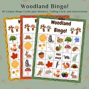 May include: Three colorful bingo cards with a woodland theme. Each card has a 5x5 grid with images of woodland animals, plants, and objects. The cards are labeled "Woodland Bingo!" and have a free space in the center.