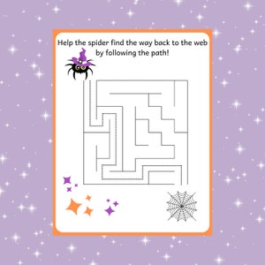 May include: A black and white spider wearing a purple witch hat is trying to find its way back to a web. The spider must follow the dotted path through a maze.