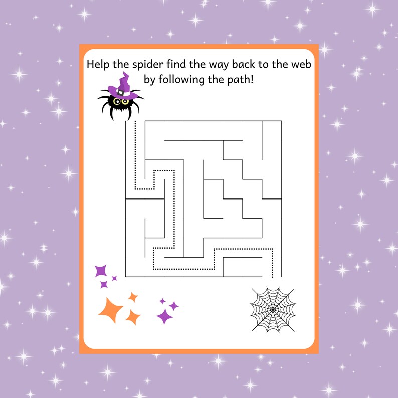 May include: A black and white spider wearing a purple witch hat is trying to find its way back to a web. The spider must follow the dotted path through a maze.