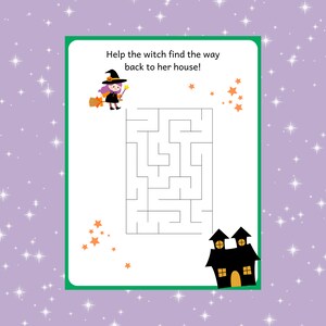 May include: A printable Halloween maze activity featuring a witch flying on a broomstick and a black house with yellow windows. The text "Help the witch find the way back to her house!" is at the top of the page.