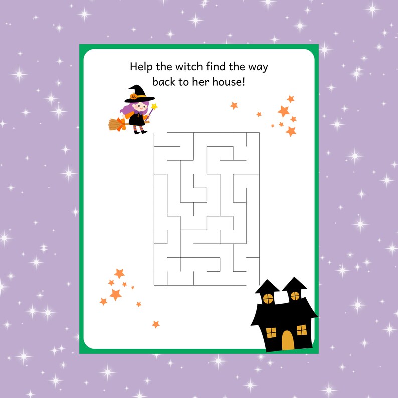 May include: A printable Halloween maze activity featuring a witch flying on a broomstick and a black house with yellow windows. The text "Help the witch find the way back to her house!" is at the top of the page.