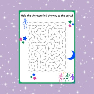 May include: A black and white maze with a skeleton at the start and three skeletons at the end. The maze is surrounded by a white border and a green border. The background is a light purple with white stars.