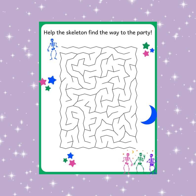 May include: A black and white maze with a skeleton at the start and three skeletons at the end. The maze is surrounded by a white border and a green border. The background is a light purple with white stars.