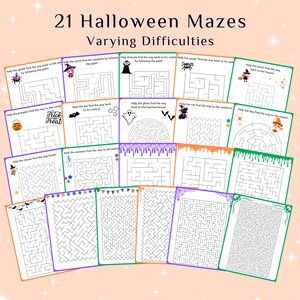 Op de afbeelding: Een set van 21 printbare Halloween-doolhofactiviteitsbladen met verschillende moeilijkheidsgraden. Elk doolhof heeft een ander Halloween-personage, zoals een heks, een spook, een spin, een kat, een pompoen, een skelet, een muis, een vleermuis, een hond en een ketel. De doolhoven zijn afgedrukt op wit papier met zwarte lijnen en zijn klaar om in te kleuren.