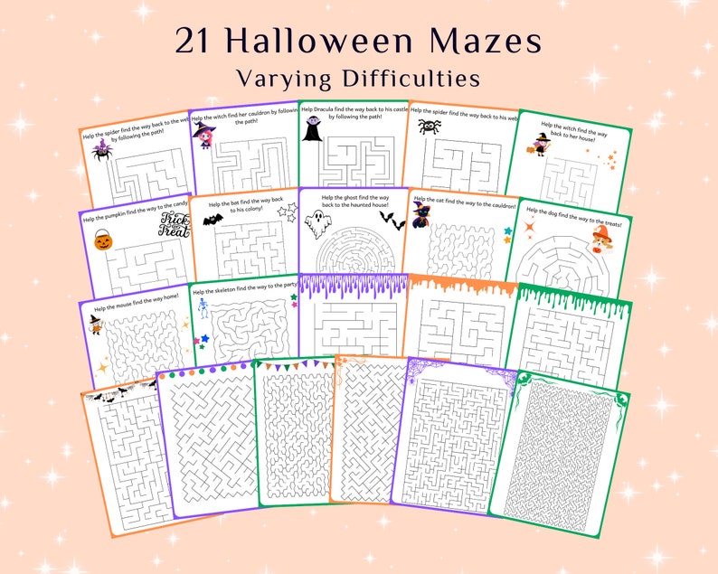 May include: A set of 21 printable Halloween maze activity sheets with varying difficulties. Each maze features a different Halloween character, such as a witch, a ghost, a spider, a cat, a pumpkin, a skeleton, a mouse, a bat, a dog, and a cauldron. The mazes are printed on white paper with black lines and are ready to be colored in.