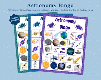 Astronomy Bingo Game, Outer Space Educational Bingo for Family, Friends, and School, Information Sheet Included, 30 Printable Bingo Cards