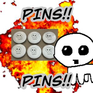 Puede incluir: Seis pines redondos blancos con un diseño de fantasma de dibujos animados en blanco y negro. Los pines están dispuestos en dos filas de tres. La imagen también incluye el texto "PINS!!" en blanco y negro.