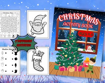 Puede incluir: Un libro de actividades navideñas con una portada colorida que presenta una escena de ventana con un árbol de Navidad decorado, regalos y un duende sonriente. El título del libro es "Christmas Activity Book" y el rango de edad es "Ages 4-8".