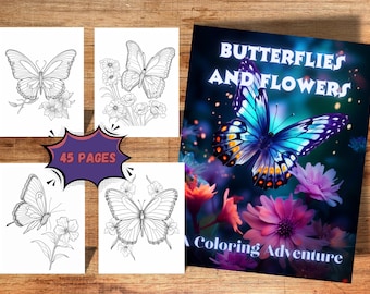 May include: A coloring book with 45 pages featuring butterflies and flowers. The cover shows a colorful butterfly with blue wings and yellow and orange spots on a dark background with flowers.