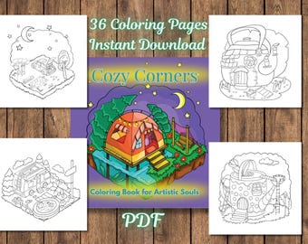May include: A coloring book cover with the title "Cozy Corners" and the text "36 Coloring Pages Instant Download Coloring Book for Artistic Souls PDF". The cover features a black and white illustration of a whimsical house with a moon and stars in the background.