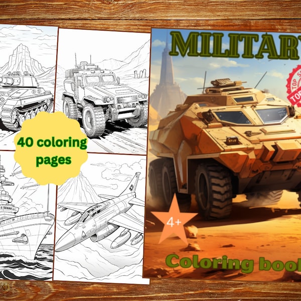 Military vehicles coloring book. There are 40 amazing images of military vehicles, helicopters, jet fighters, ships, submarines, and more.