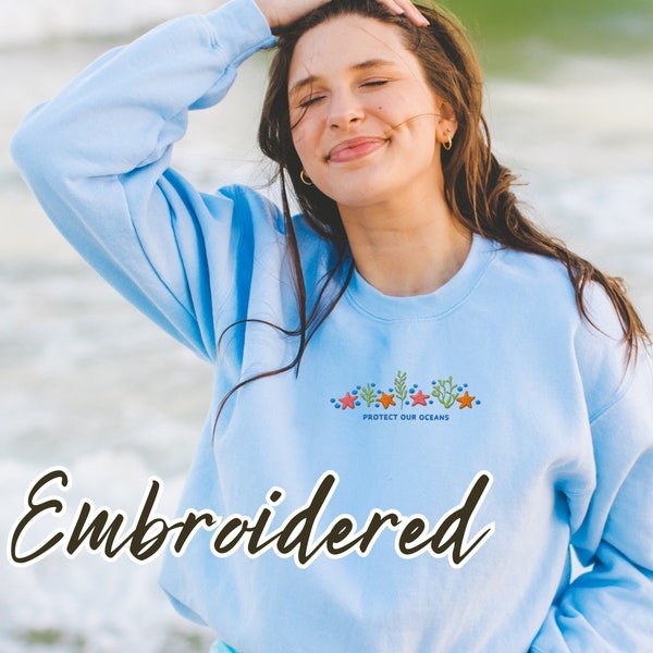 Embroidered Sweatshirt Protect Our Oceans Coral Reef Hoodie Ocean Inspired Style Pretty Stuff Embroidered Beachy Sweatshirt Coconut Girl
