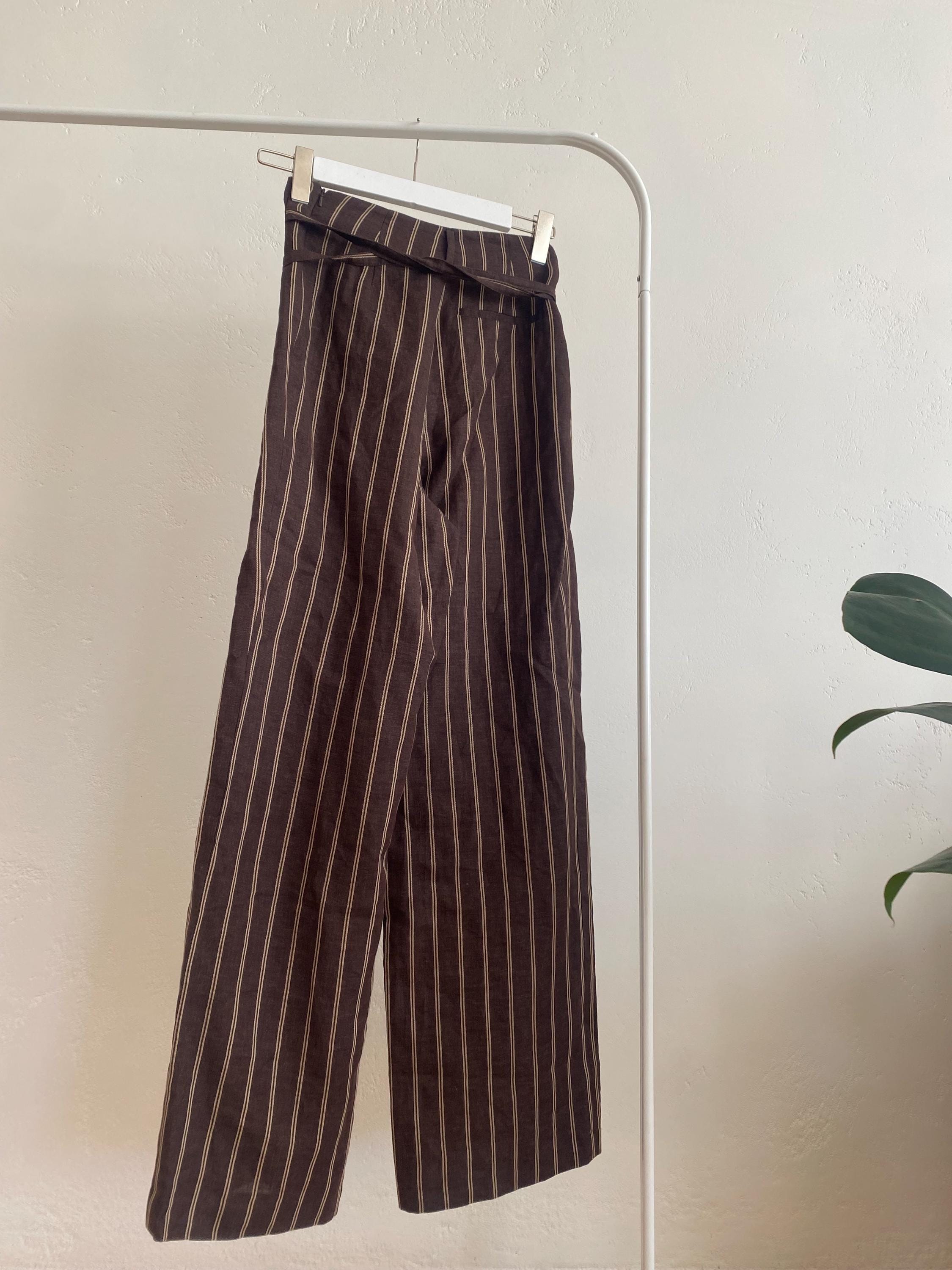 Massimo Dutti Brown Linen Striped Pants - Etsy
