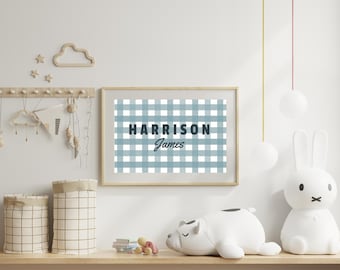 Arte infantil personalizado con nombre de bebé a cuadros (impresión digital)