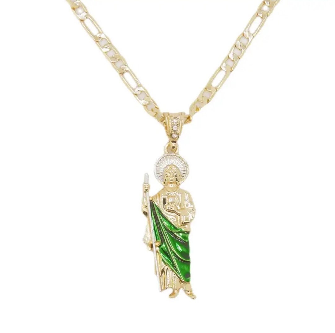 Saint Jude Necklace 14K Gold Plated San Judas Pendant Figaro Chain - Etsy