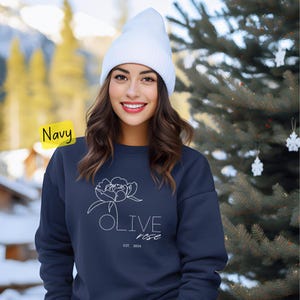 Olive Rose w/Rose2 Crewneck,Oliveda,Olive Tree People,OTP,Minimalist Rose Graphic, Custom Font Colors, Olive Tree People Apparel,Skin Care