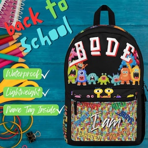 Mochila personalizada Friendly Monsters, de volta às aulas, à prova d'água, personalizável, exclusiva para cada criança, temas divertidos, todas as cores e personagens