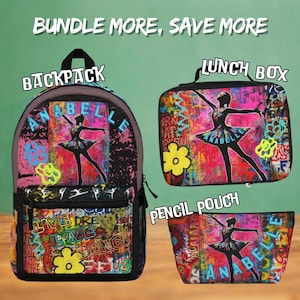 Pacote de mochila personalizada com tema de dançarinos, de volta às aulas, à prova d'água, personalizável, exclusivo para cada criança, temas divertidos, todas as cores, envio rápido